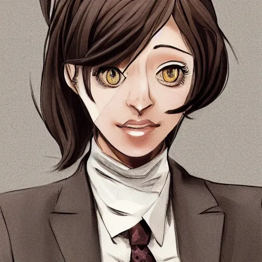 Prompt: woman in black business suit, light brown neat hair, pixiv, fanbox, trending on artstation, portrait, digital art, modern, sleek, highly detailed, formal, serious, determined, lawyer, colorized, smooth, charming, pretty, safe for work