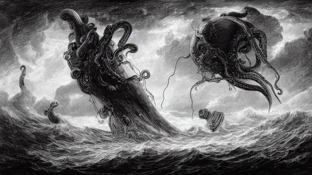 Image similar to drawing of a giant octopus attacking a space ship above a stormy ocean, by gustave dore, nineteenth century, black and white, vintage, science fiction, epic composition, dramatic lighting, highly detailed