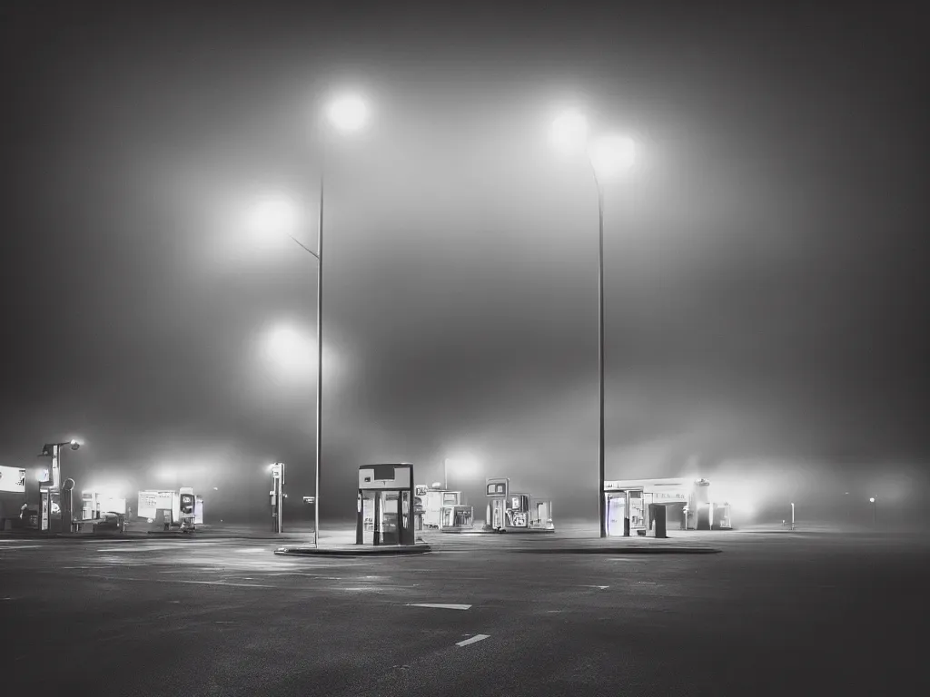 Image similar to “digital photography of gas station , fog, night, mood, atmospheric, full of colour, digital photography, finished in Lightroom”