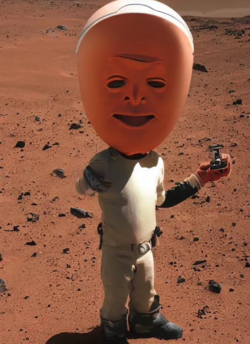 Prompt: big headed child elon mask on mars holding a small toy rocket