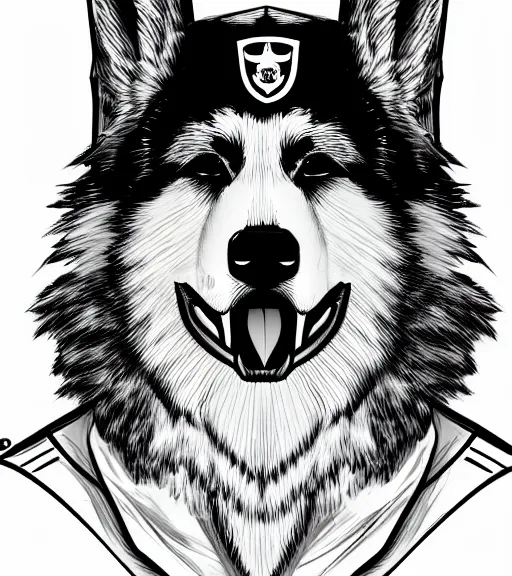 Image similar to expressive stylized master furry artist digital line art painting headshot official portrait character study of the anthro male anthropomorphic german shepard fursona animal person officer wearing clothes military general uniform