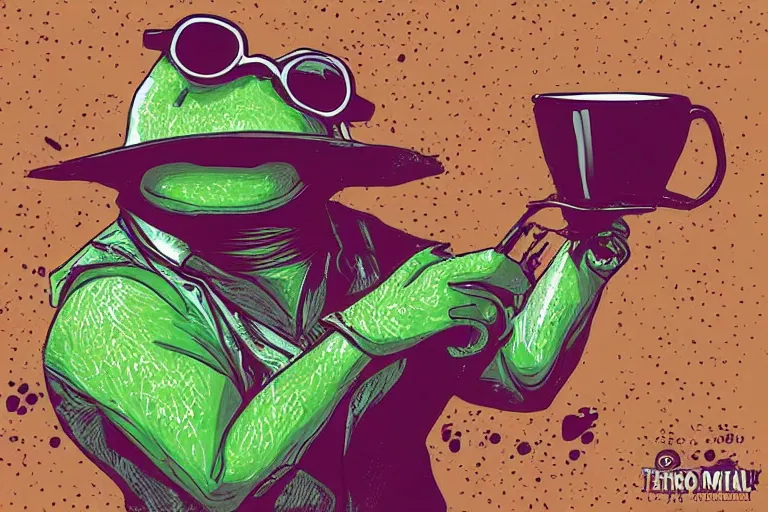 Image similar to pepe the frog in a tony montana costume drinking coffee in the office, 8 0 s style, retrowave, digital art, trending on artstation