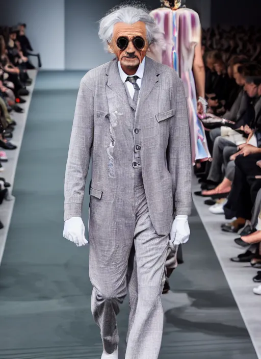 Prompt: hyperrealistic and heavy detailed lgucci runway show of albert einstein, leica sl 2 5 0 mm, vivid color, high quality, high textured, real life