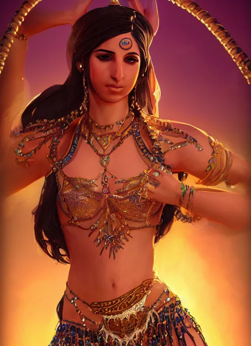 Prompt: a highly detailed illustration of naomi scott as arabian belly dancer, elegant pose, intricate, elegant, highly detailed, centered, digital painting, artstation, concept art, smooth, sharp focus, league of legends concept art, wlop.