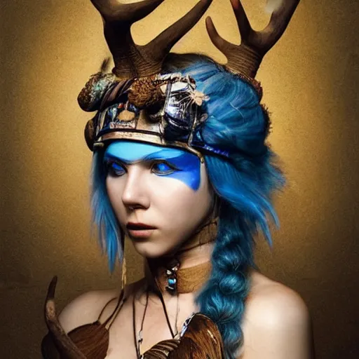 Image similar to a young female shaman, blue hair and antlers on her head. blindfolded, heilung, in the style of heather theurer, headshot photoshoot, insanely detailed and intricate, beautiful, elegant, cinematic toplight, portrait, headroom, artstation, karol bak, karol bak, karol bak