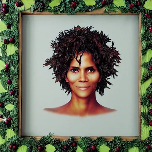 Prompt: a portrait made out of wild forrest berries of halle berry