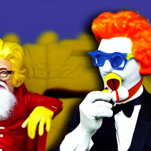 Image similar to colonel sanders shooting ronald mcdonald in the knee with a laser gun