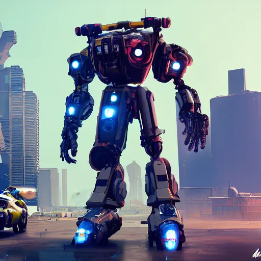 Prompt: mech in style of lee souder artstation. and in colors of forza horizon 5 and cyberpunk 2 0 7 7