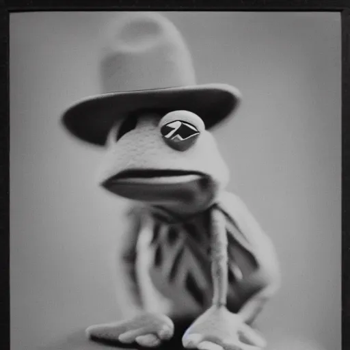 Image similar to vintage hollywood photo of kermit the frog wearing a fedora, 1 0 0 mm