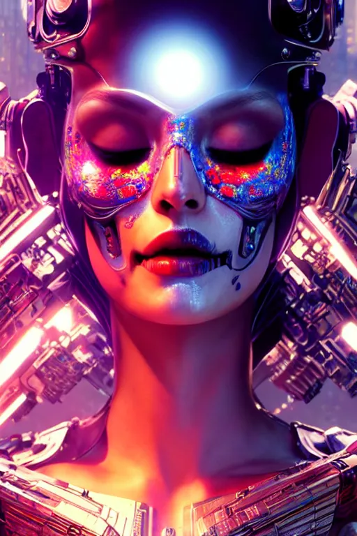 Prompt: beautiful android woman, eyes closed, photorealistic cinematic, 3 d model, cyborg, postcyberpunk, blade runner, octane render, volumetric light, concept art, vogue, 8 k, intricate detailed environment el dia los muertos. by terry oneill and artgerm and chie yoshii and kuciara and mucha