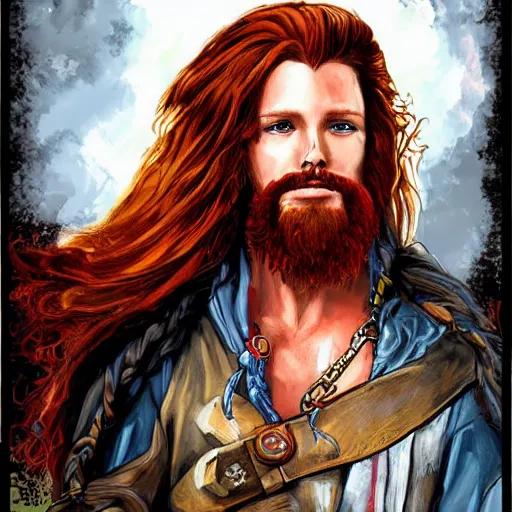 Prompt: an epic fantasy comic book style portrait painting of a long haired, red headed male sky - pirate in front of an airship