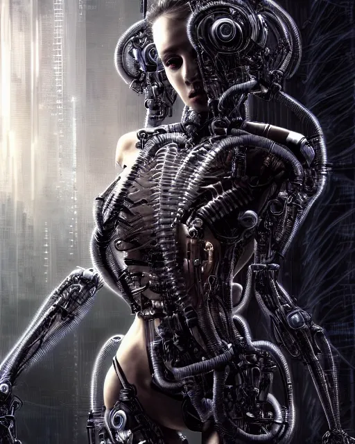 Image similar to portrait photo of an aesthetic biomechanical cyborg plugged into a quantum computer with cables and wires and optic fibers. cyberpunk horror style. art by luis royo. highly detailed 8 k. intricate. nikon d 8 5 0 5 5 mm. award winning photography.