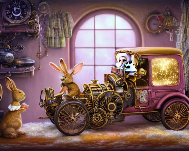 Prompt: a rabbit building a steampunk car, pastel colors, nicoletta ceccoli, mark ryden, lostfish, max fleischer, depth of field, detailed and intricate environment, golden hour, 8 k resolution, hyperrealistic, octane render, vivid colors, bright, cheerful, detailed and intricate christmas environment