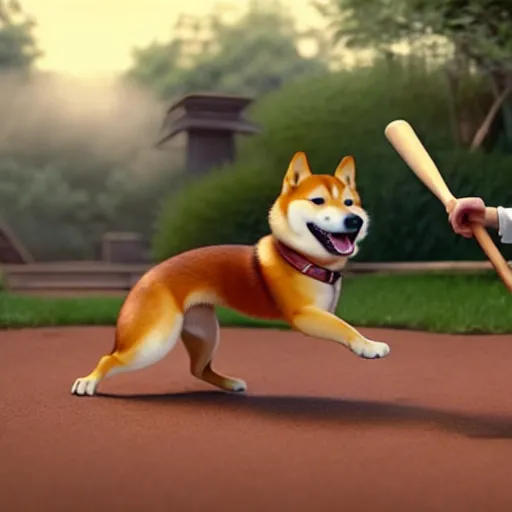 Image similar to weta disney pixar movie still photo of funny shiba inu with baseball bat : : dog by pixar : : giant sign that says bonk : : by weta, greg rutkowski, wlop, ilya kuvshinov, rossdraws, artgerm, octane render, iridescent, bright morning, anime, liosh, mucha : :