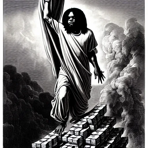 Image similar to cheef keef ascending into heaven holding stacks of cash, biblical image, style of gustave dore, highly detailed, beautiful, high contrast, black and white