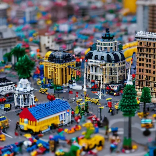 Prompt: a large scale city made of legos, 3 5 mm, shallow depth of field, diorama, 4 k