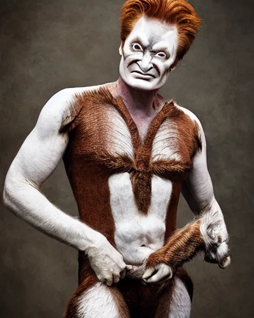 Prompt: actor Conan O’Brien in Elaborate Pan Satyr Goat Man Makeup and prosthetics designed by Rick Baker, Hyperreal, photos in the style of Annie Leibovitz