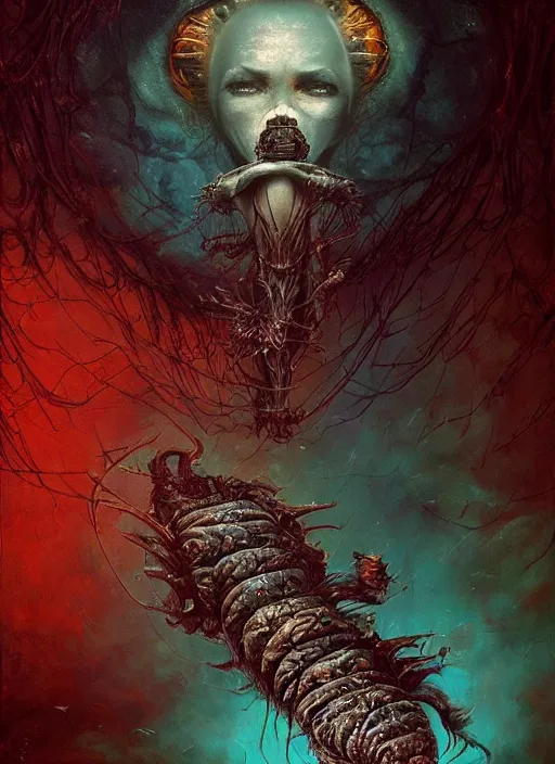 Image similar to the caterpillar, death tarot card, highly detailed, cinematic, 8 k, by megan duncanson, benjamin lacombe, adrian borda, stanley artgermm, tom bagshaw, craig mullins, carne griffiths, ayami kojima, beksinski, giger, trending on deviantart, hyper detailed, horror, full of colour