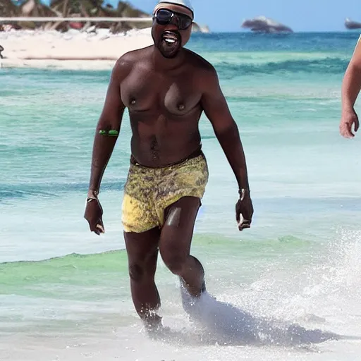 Image similar to elon musk and kanye west happy smiling laughing walking around the beach in aruba