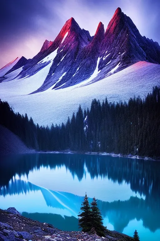 Image similar to a beautiful ethereal mountain scene with a blue lake by daniel kordan, photo realism, dark moody color palate,