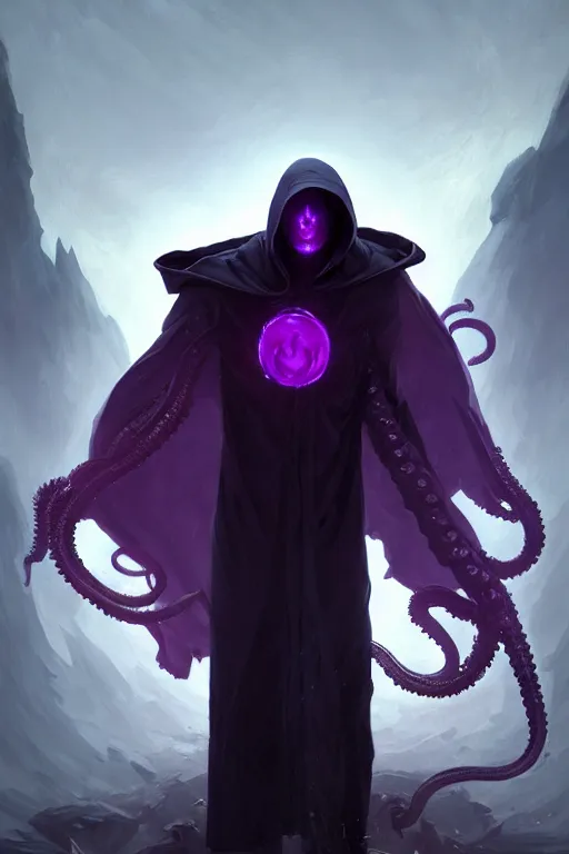 Image similar to A full body portrait of a mysterious character (male) with no face with a very long hooded dark purple cloak tentacles coming out the ground art by Maciej Kuciara and Jason Chan, ominous, cosmic horror, trending on artstation, detailed, realistic 4k