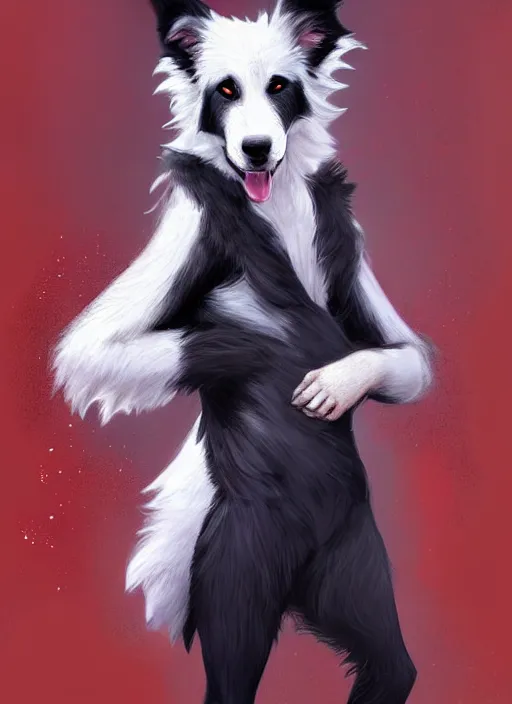 Prompt: full body digital painting of a cute male anthropomorphic border collie fursona wearing a red collar and standing outside, furaffinity, intricate, elegant, beautiful, fantasy, highly detailed, trending on artstation, art by charlie bowater and henry asencio and and ross tran