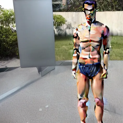 Image similar to a realistic detailed photo of a guy who is an attractive humanoid who is half robot and half humanoid, who is a male android, soccer player cristiano ronaldo, shiny skin, posing like a statue, blank stare, by the pool, on display, showing off his muscles, humanoid robot, mannequin challenge