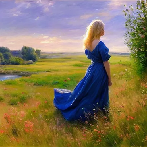 Image similar to blonde woman, dress, swedish countryside, archipelago, morning, masterpiece, highly detailed, beautiful, atmospheric, impressionism, painting by Vladimir Volegov