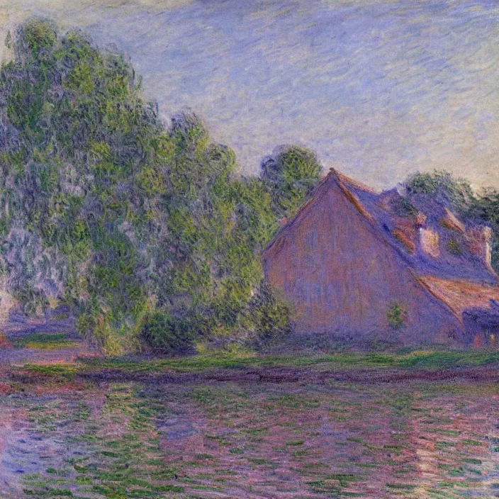Prompt: a building in a serene landscape, by claude monet
