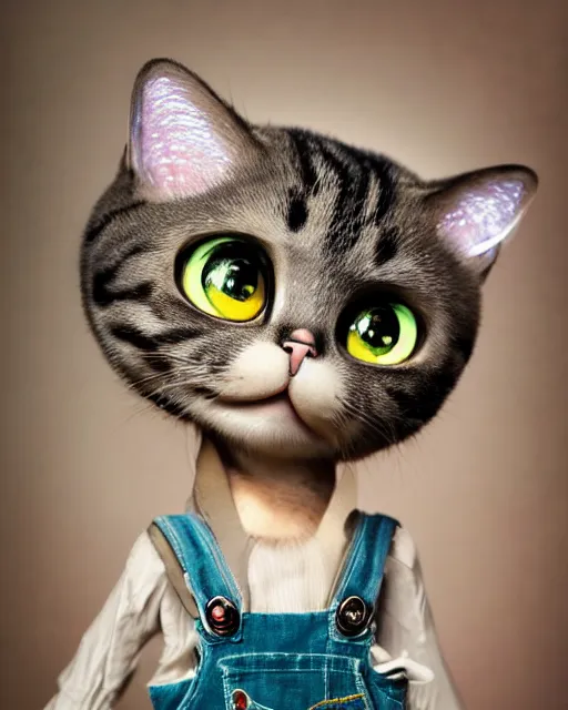 Image similar to very beautiful portrait of an extremely cute and adorable cat wearing overalls, smooth, perfect face, fantasy, character design by mark ryden and pixar and hayao miyazaki, sharp focus, concept art, intricate detail, cinematic lighting, hyperrealistic, 5 0 mm, diorama macro photography, 8 k, nature