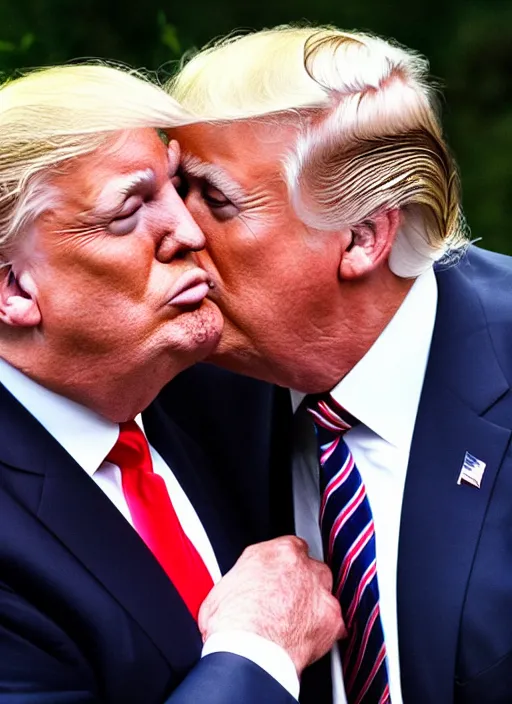 Prompt: beautiful high quality photo of donald trump kissing donald trump. hq. donald trump and donald trump kissing. two donald trumps kissing each other.