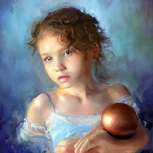 Prompt: a little girl with short curly light brown hair and blue eyes sitting in a nutshell. beautiful painting by raymond swanland and magali villanueve, beautiful detailed face.