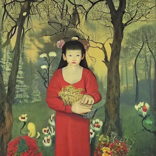 Prompt: In the painting Vasilisa can be seen standing in the forest, surrounded by animals. She is holding a basket of flowers in one hand and a spindle in the other. Her face is turned towards the viewer, with a gentle expression. In the background, the forest is depicted as a dark and mysterious place. by Go Nagai, by Michael Cheval realist, imposing