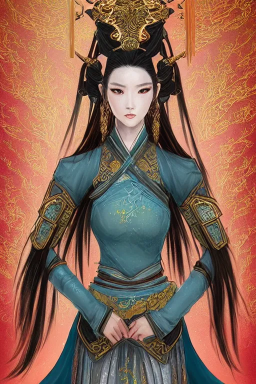 Image similar to beautiful ancient fantasy portrait of wuxia armored heroine, face trending by artbreeder wearing like Xian Xia wardrobe, in forbidden City, hybrid from Dynasty Warriror, flowers sea rainning everywhere, intricate, very very beautiful, elegant, highly detailed, digital painting, beautiful glowing galaxy eyes, human anatomy, hyperrealistic, soft light, dynamic, artstation, fantasy concept art, smooth, sharp focus, illustration, art by alphonse mucha and WLOP and tian zi