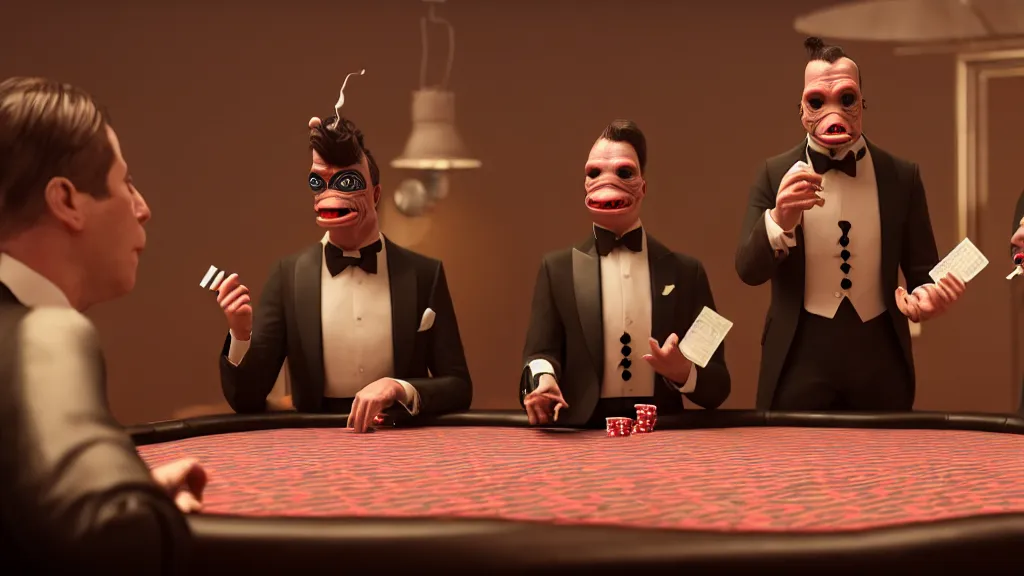 Prompt: hyperrealism simulation highly detailed human turtles'wearing detailed tuxedos and smoking, playing poker in sitcom scene from cyberpunk movie from future by wes anderson and denis villeneuve and mike winkelmann rendered in blender and octane render