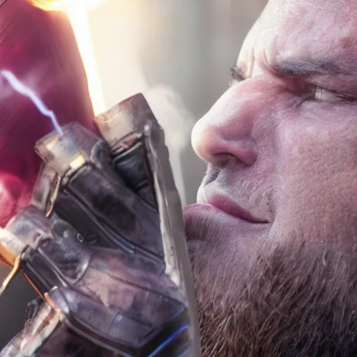 Image similar to a still from an avengers movie of thanos smoking a cigarette