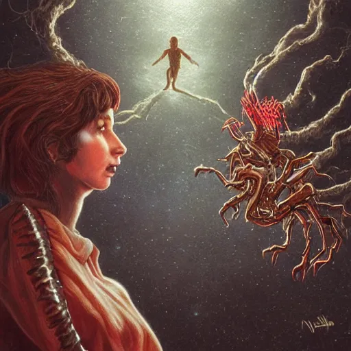 Image similar to kate bush battling vecna from stranger things, d & d, exquisite airbrush painting from the eighties, intricate detail, artstation,