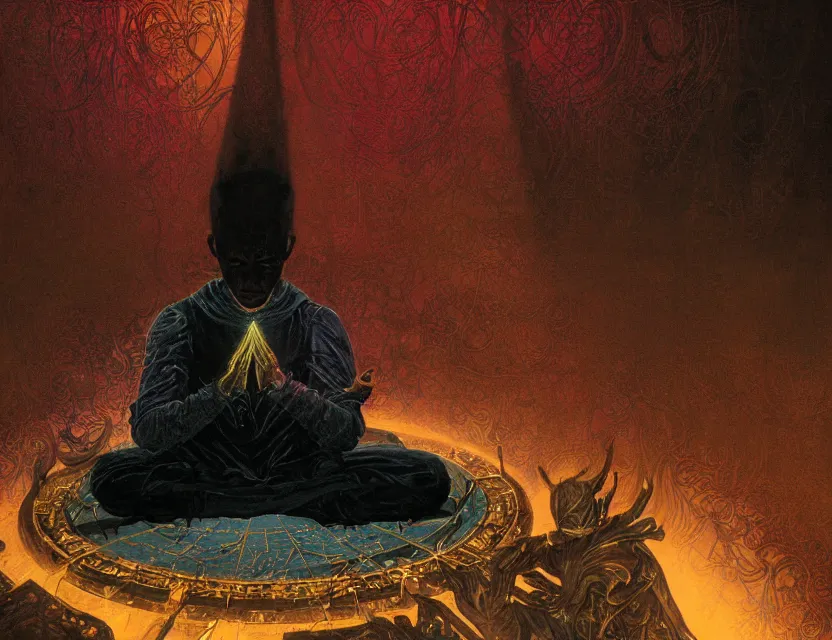 Prompt: a close - up view portrait of a silhouetted supernatural wizard meditating in baroque neoclassicist halls with iridescent metallic technology. close - up view, detailed textures. glowing colorful fog, dark black background. highly detailed fantasy science fiction painting by moebius, norman rockwell, frank frazetta, and syd mead. rich colors, high contrast. artstation