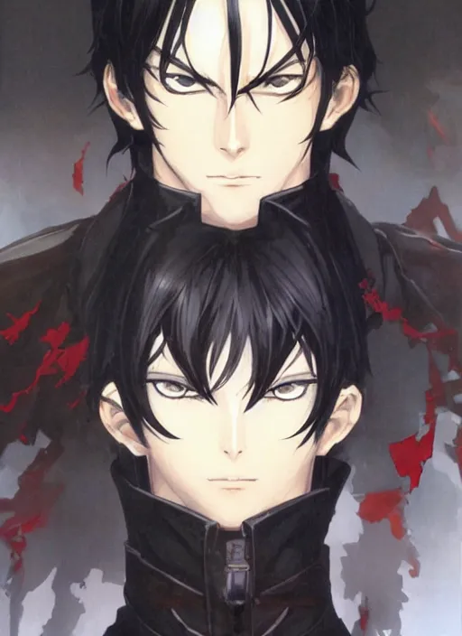 Image similar to half - body character portrait by shigenori soejima, handsome male vampire, focus on face, sword holster, long black hair, dark blue shirt, light brown coat, red eyes,