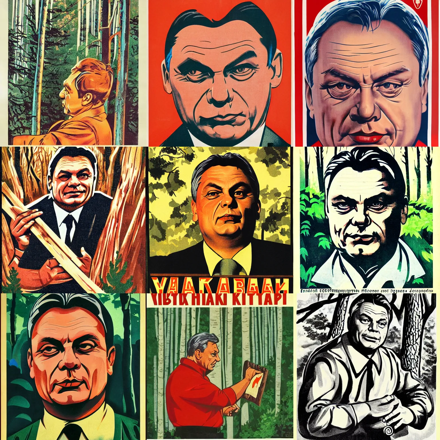 Prompt: soviet propaganda poster of viktor orban in a forest, highly detailed face, holding a wood piece