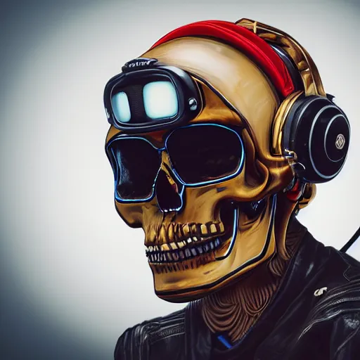 Prompt: a portrait of an anthropomorphic vintage skull in a racing helmet by sandra chevrier, detailed render, tape deck, boombox, headphones, epic composition, cybernetics, 4 k realistic, cryengine, realistic shaded lighting, sharp focus, masterpiece, by matteo scalera, gary montalbano, peter elson in the style of the tokyo ghost comic