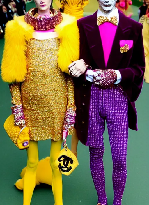 Image similar to full face and glamorous dressed female and male pair in Bespoke couture outfits made of yellows, pinks, purple and gold by Vivian Westwood and Marc Jacobs as seen in the movie the Royal Tenenbaums + vintage Chanel in a futuristic vibe