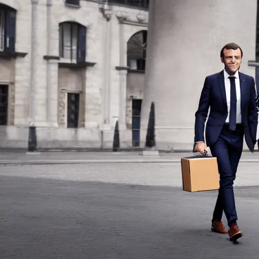 Image similar to photography, emmanuel macron carries a box, relocation, photorealistic, detailed, studio lighting, 4 k