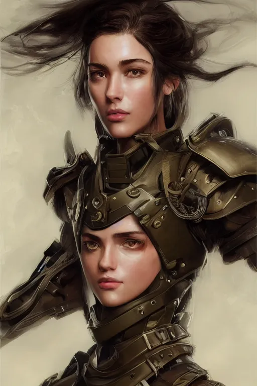 Image similar to a professional portrait of an attractive young female, clothed in military-style battle armor, olive skin, long dark hair, beautiful bone structure, symmetrical facial features, intricate, elegant, digital painting, trending on Artstation, concept art, smooth, sharp focus, illustration, finely detailed, from Metal Gear by Ruan Jia and Mandy Jurgens and Artgerm and William-Adolphe Bouguerea, award winning