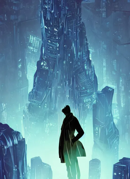 Image similar to comic book art of a [ man ] in trenchcoat with ( glowing ) [ gloves ] and [ boots ] in a [ jungle ] looking up at a [ tower ] extending into the sky made of crystalized glowing rock,, low angle, artstation illustration, elegant, cyberpunk, volumetric fog, arcane by tim doyle