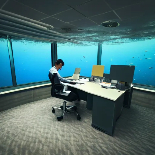 Image similar to photo of someone working at an office desk, underwater, cinematic