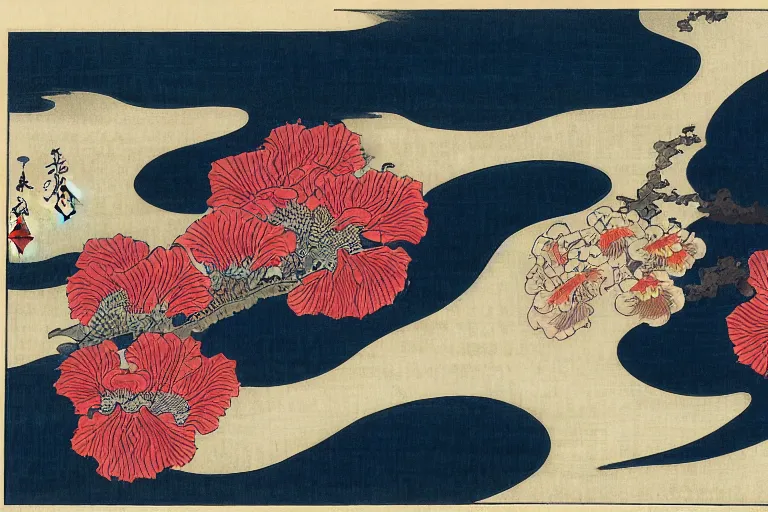 Prompt: a beautiful and hyperdetailed ukiyo - e composition with irises by katsushika hokusai, in style by utagawa kuniyoshi and utagawa hiroshige, japanese print art, intricate, elegant, complex, illustration, clean 4 k