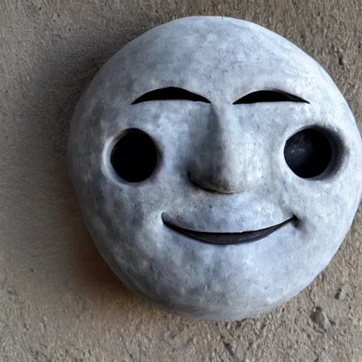 Image similar to anthropomorphic moon sculpture, man in the moon, ceramic, smiling moon, photograph, fine art, glazed ceramic, kitsch,