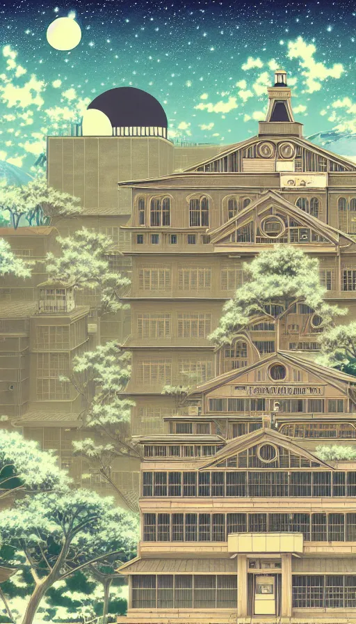 Prompt: a beautiful detailed anime illustration of nature moot hall building by federico babina, nature lake cosmic matte painting vice city liberty city meadow at winter anime otherworldly thermal imaging laser, archdaily, wallpaper, highly detailed, trending on artstation.