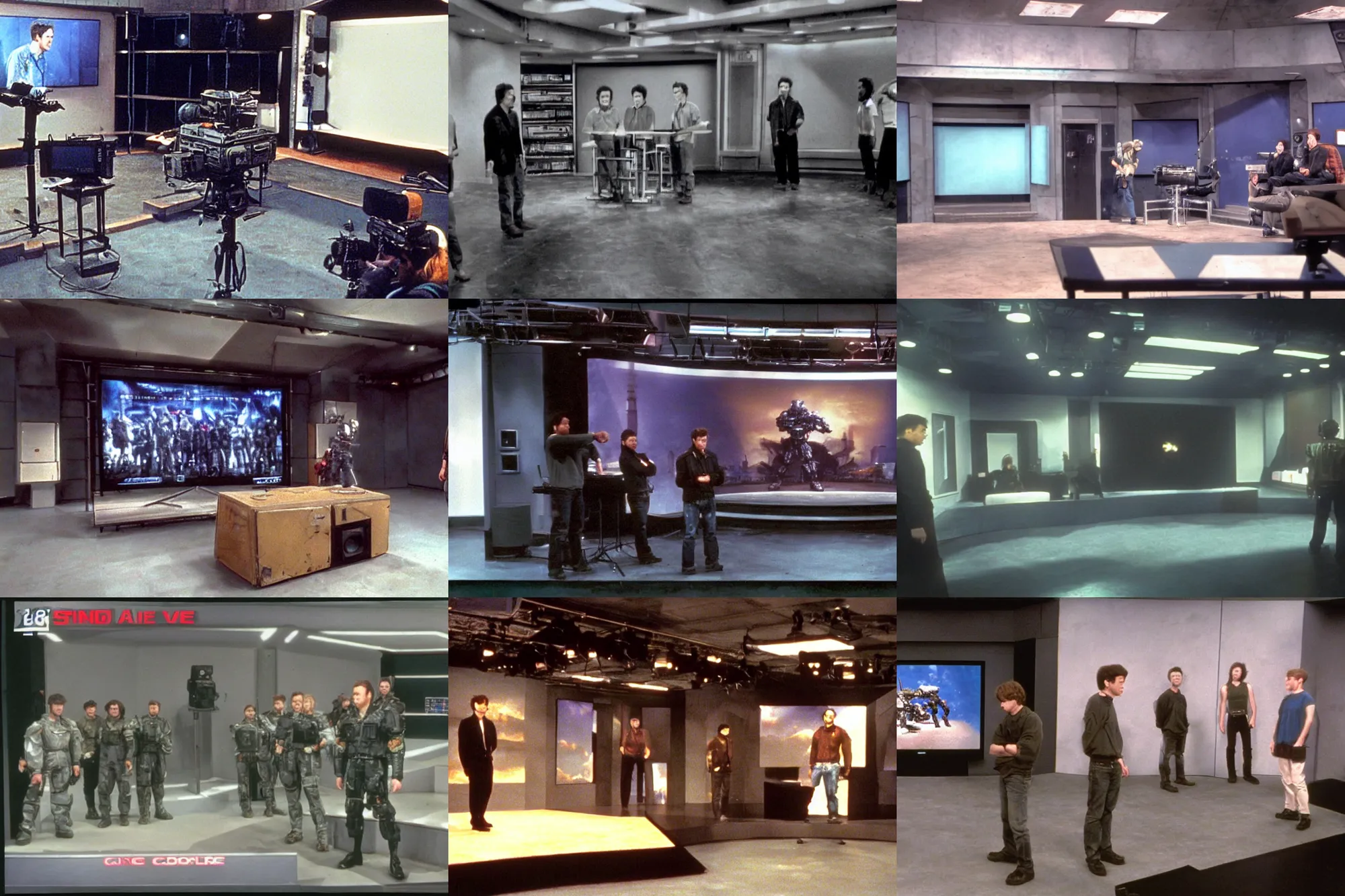 Prompt: armored core v standing on the small stage in the tv studio. funny tv show in 9 0 s. color vhs footage.